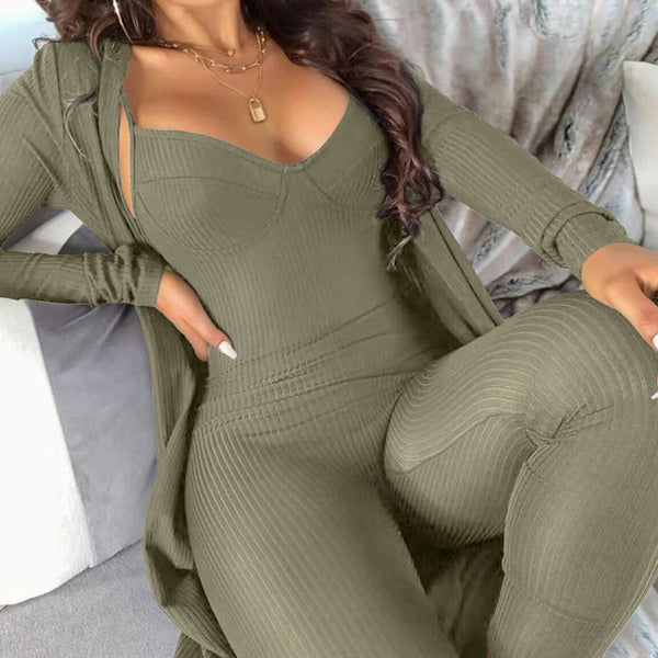 ODF4183 women's clothing European and American solid color pit strip v-neck suspender jumpsuit + cardigan 2-piece set