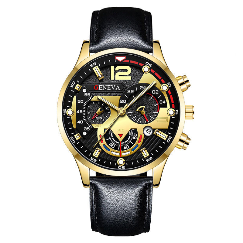 Men's cross-border fashion watch - date, six-hand, leather strap, quartz movement, luminous sports wristwatch - wholesale gold