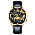 Men's cross-border fashion watch - date, six-hand, leather strap, quartz movement, luminous sports wristwatch - wholesale gold