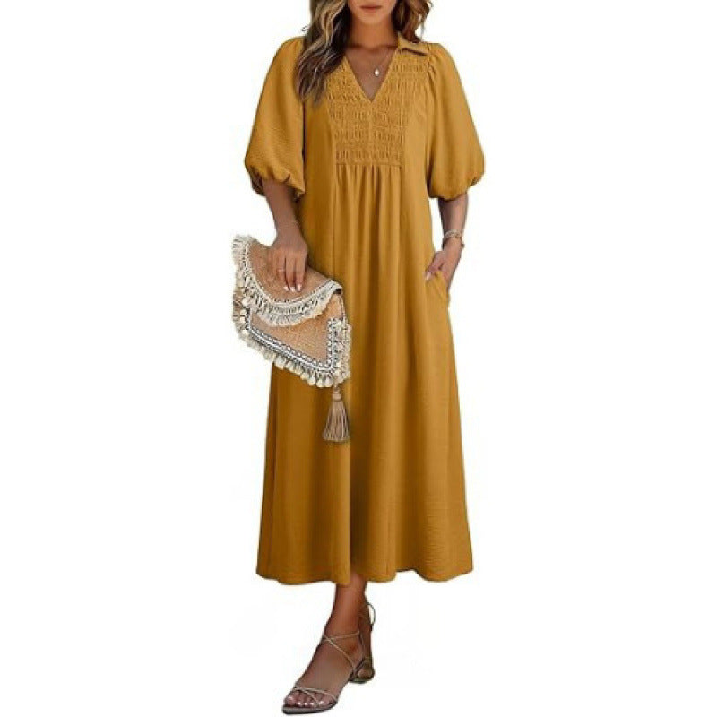 Amazon fashioncasualv neckpuff sleevedresssummernew arrivala line waist slimming look skirt