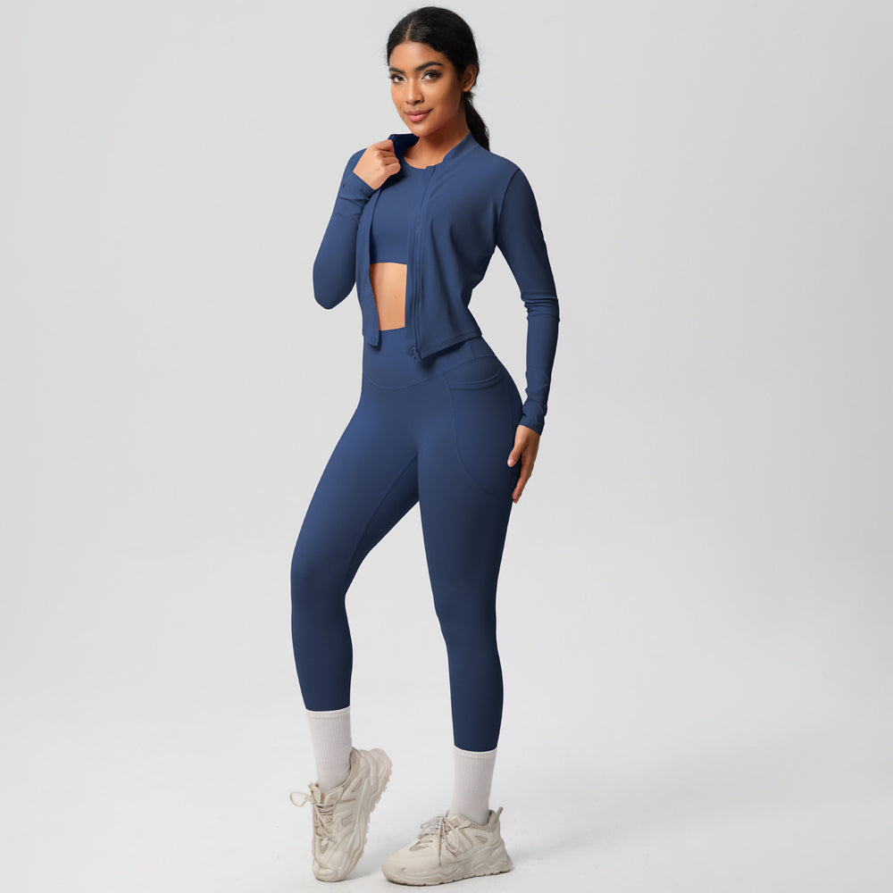 European and american high-waisted butt-lifting tight pocket pants quick-dry yoga set cloud-like running fitness apparel three-piece activewear set