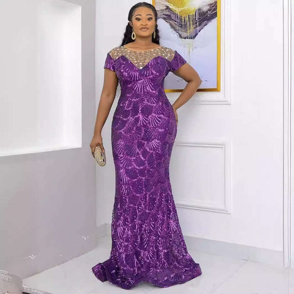 e-commerce: african , , round neck, elegant, private label, lace-trimmed, plus-size women's dress