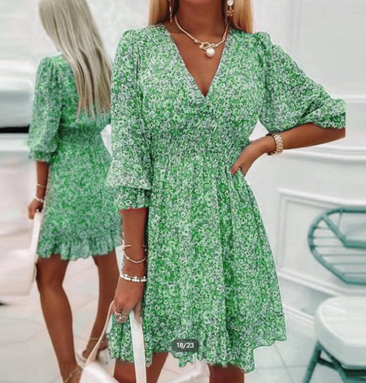 Dress summer  European and American  waist pullover medium and long dress bohemian print short sleeve floral dress women