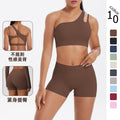 New arrival cross-border fashion double-sided nylon brushed single-shoulder yoga suit sports running fitness two-piece set for women
