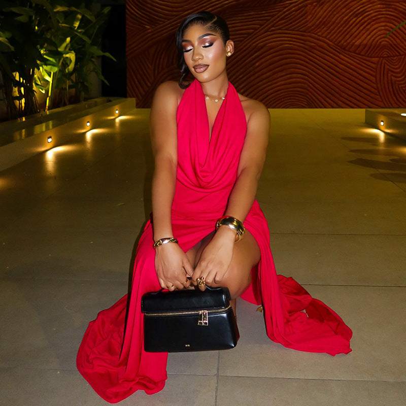 Fashion style cross-border women's pure color slit elegant halter neck hip skirt swing collar backless sleeveless pleated long dress