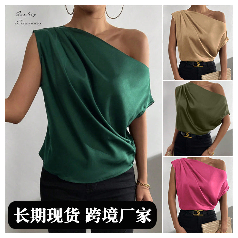 spring solid color satin faux silk asymmetrical one-shoulder off-the-shoulder sleeveless pullover blouse - european & american style women's clothing