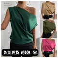 spring solid color satin faux silk asymmetrical one-shoulder off-the-shoulder sleeveless pullover blouse - european & american style women's clothing