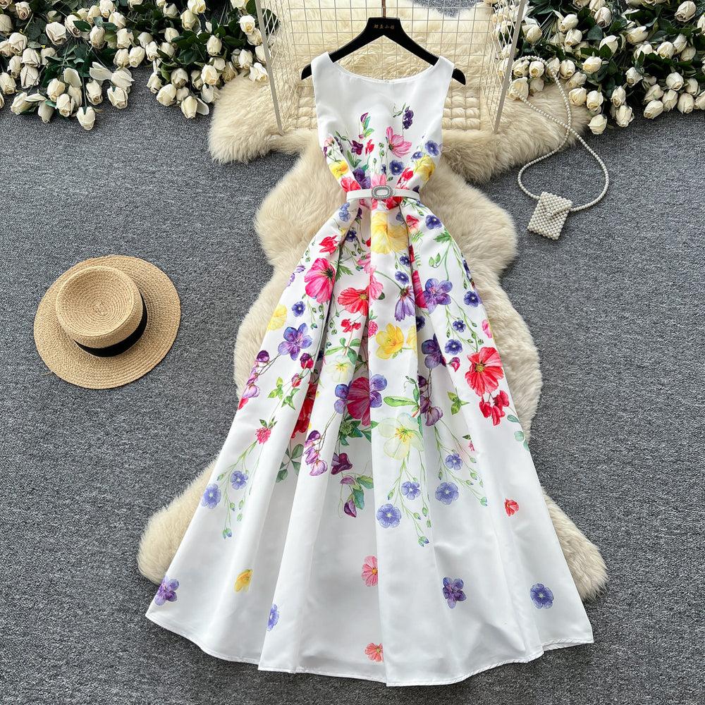 French sleeveless printed dress - women's slimming, figure-flattering, flowy maxi dress - summer korean style, vacation chic, elegant and chic dress