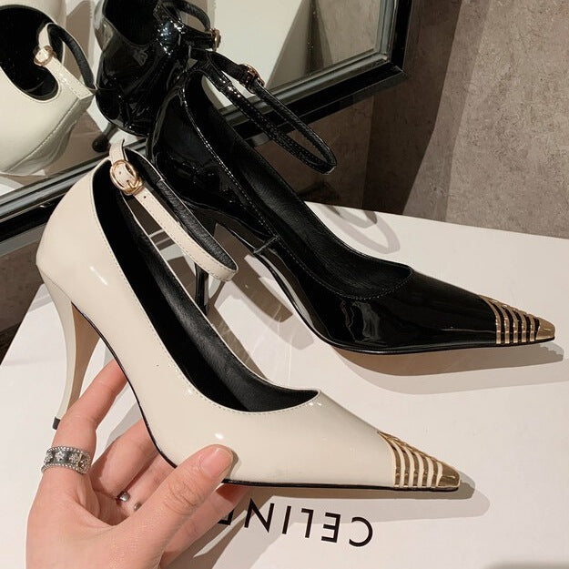 2026 spring metal pointed toe high heels women's shallow breath elegant flats one strap color matching women's shoes spring style