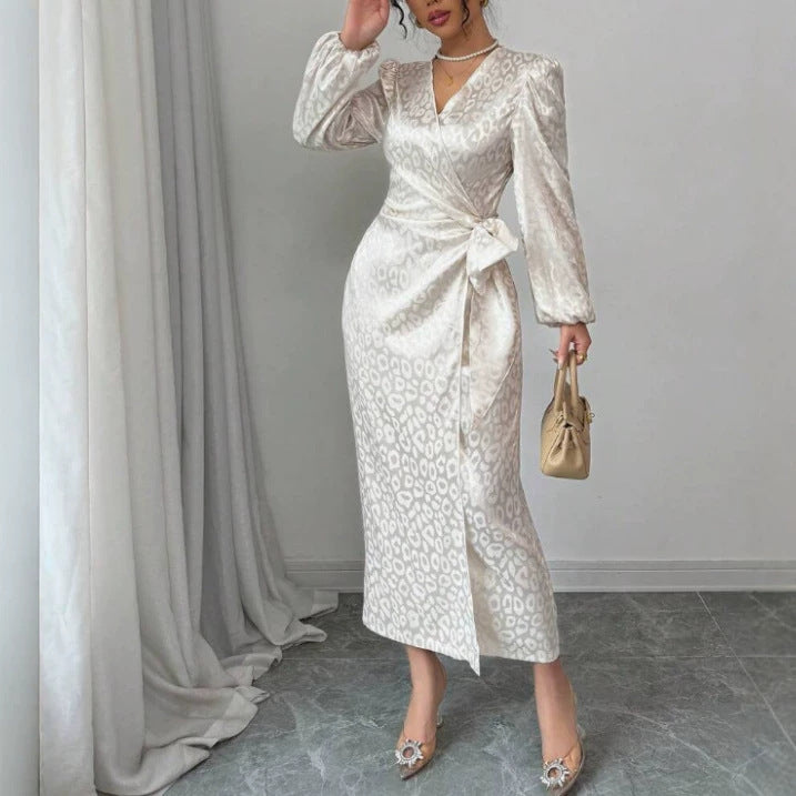 Elegant v-neck maxi dress - figure-flattering, sexy bodycon, long sleeve, slim fit