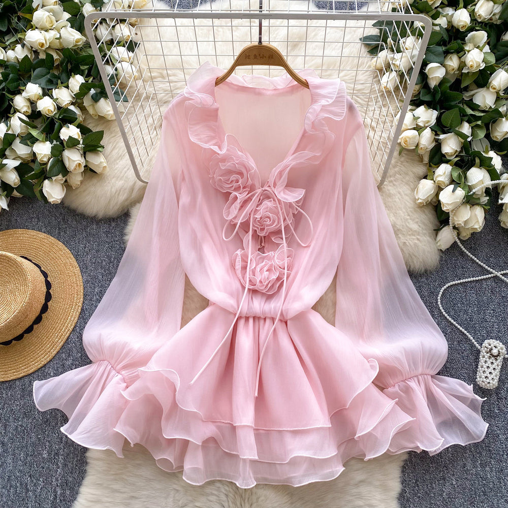 Fairy dress 2025 new arrival: atmospheric v-neck, 3d floral appliqué, tie-waist, ruffle hem chiffon dress for women
