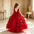Girls' formal dress with detachable bow back, ankle-length, sequin appliqué, flower girl runway cake dress - in stock