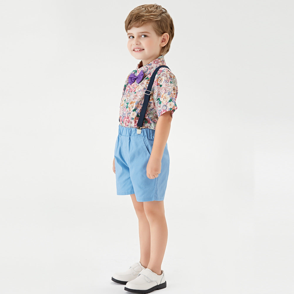European and american style boys' summer new print short-sleeve shirt and suspender shorts kids' fashion suit two-piece set