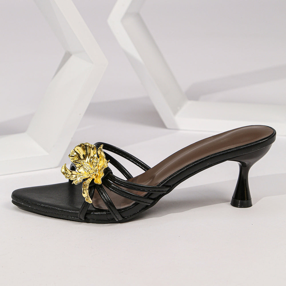 2026 new summer metallic floral french plus size fashion sandals - women's stiletto heel slippers for cross-border e-commerce