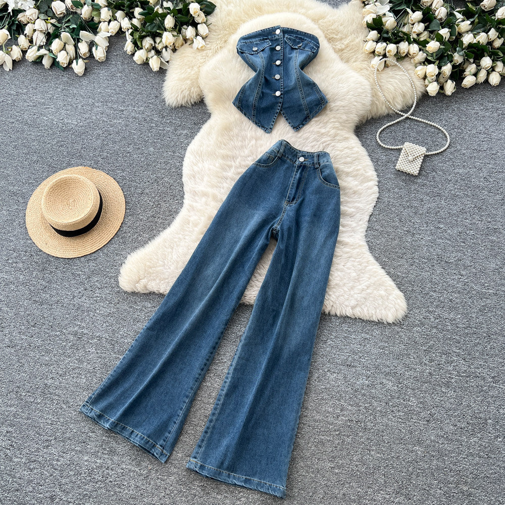 Korean style commute outfit: denim two-piece set for women - summer slim fit, high-waisted, effortless style