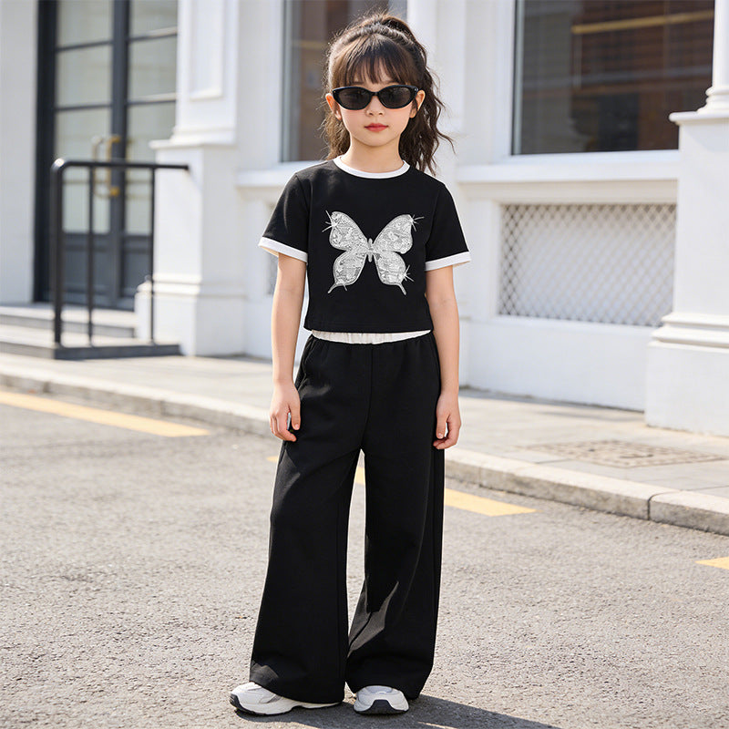 Girls'  short-sleeve lightweight outfit set: wide-leg pants, thin summer style, new butterfly two-piece set for girls