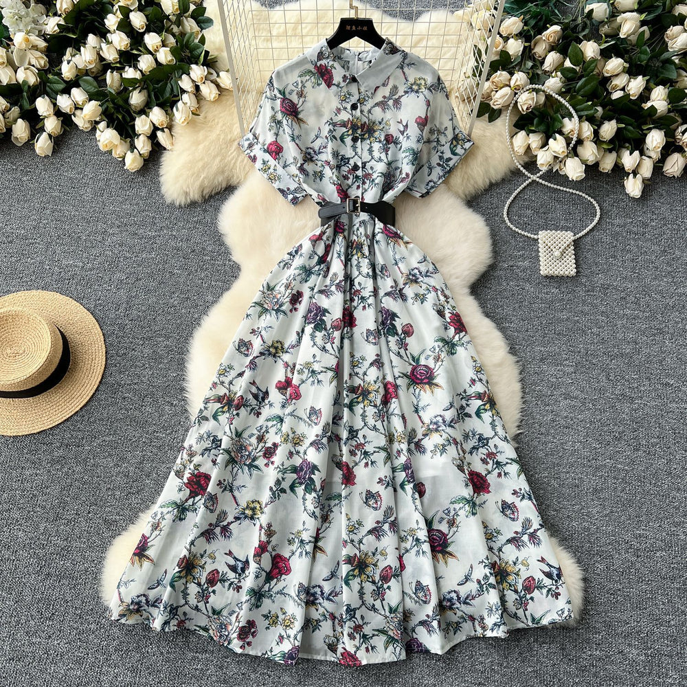 Frenchniche styleclassy light mature style single breasted short sleeve printingshirtdress women's styleretro chiffon skirt