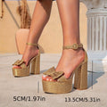 Women's chunky heel gold platform fashion party bow decor buckle high heel sandals - cross-border amazon