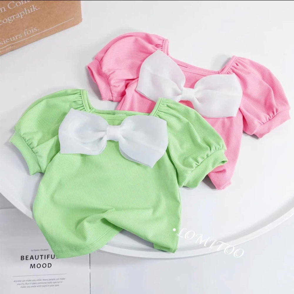 Fresh & sweet short-sleeve bow t-shirt for girls - new summer collection: baby girl's basic tee with puff sleeves