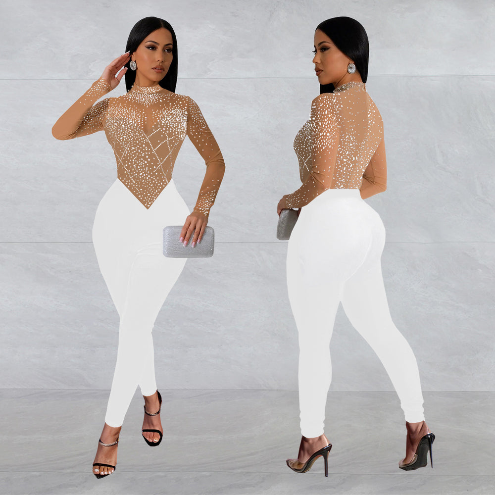 C7137 cross-border   fashion women's sexy mesh rhinestone textured banquet jumpsuit