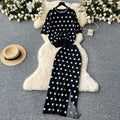 Elegant knitted set for women: high-end polka dot crewneck short sleeve top + midi slit knit skirt
