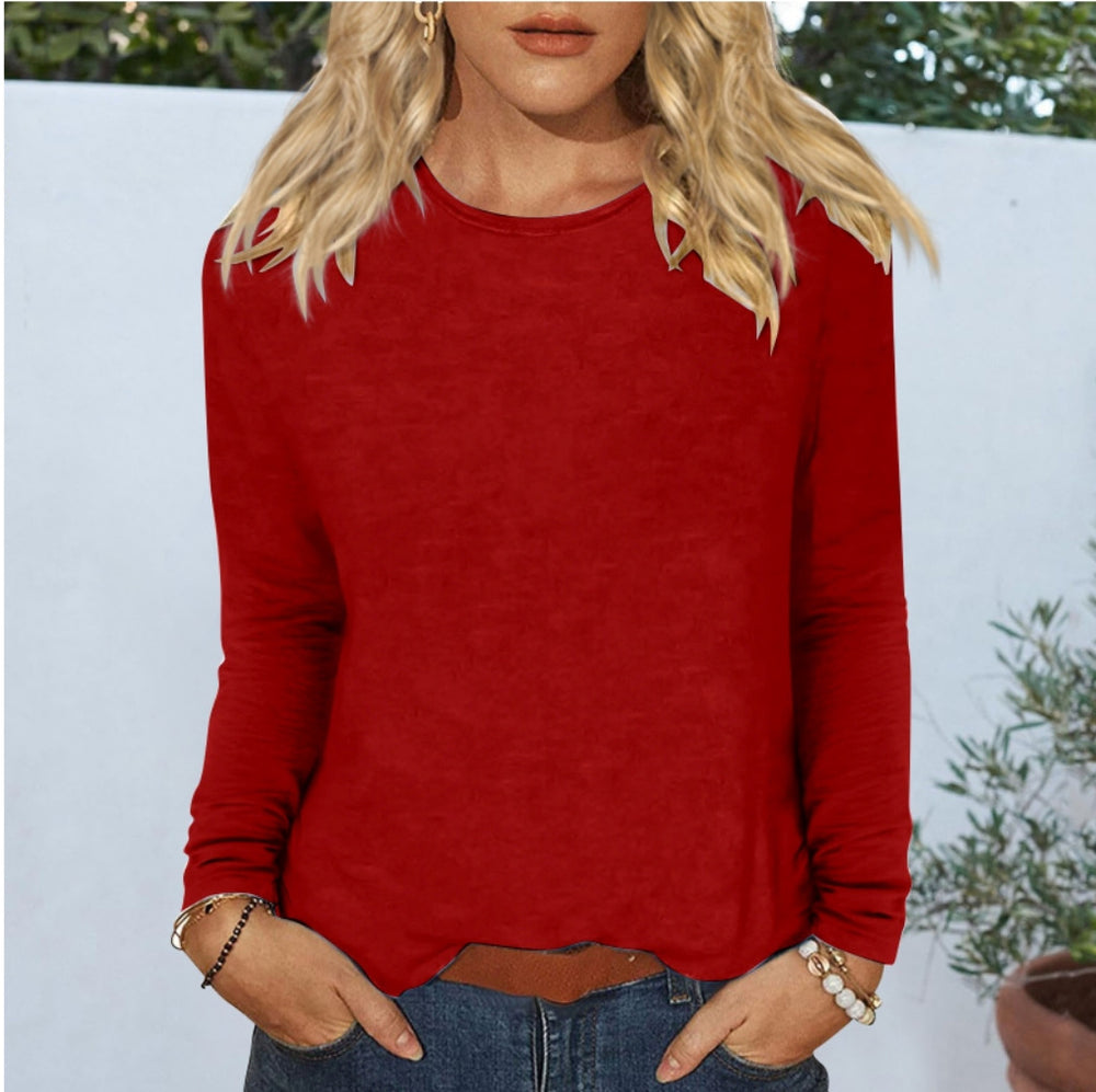 new women's casual long-sleeve solid color crew neck t-shirt for cross-border