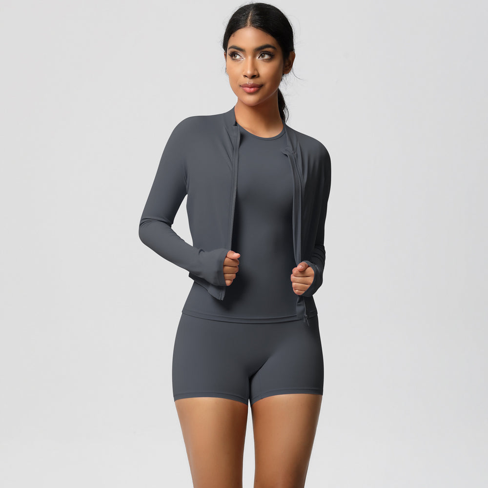 European and american nude feel cardigan jacket, crew neck short sleeve t-shirt, casual yoga set, running sports fitness three-piece outfit