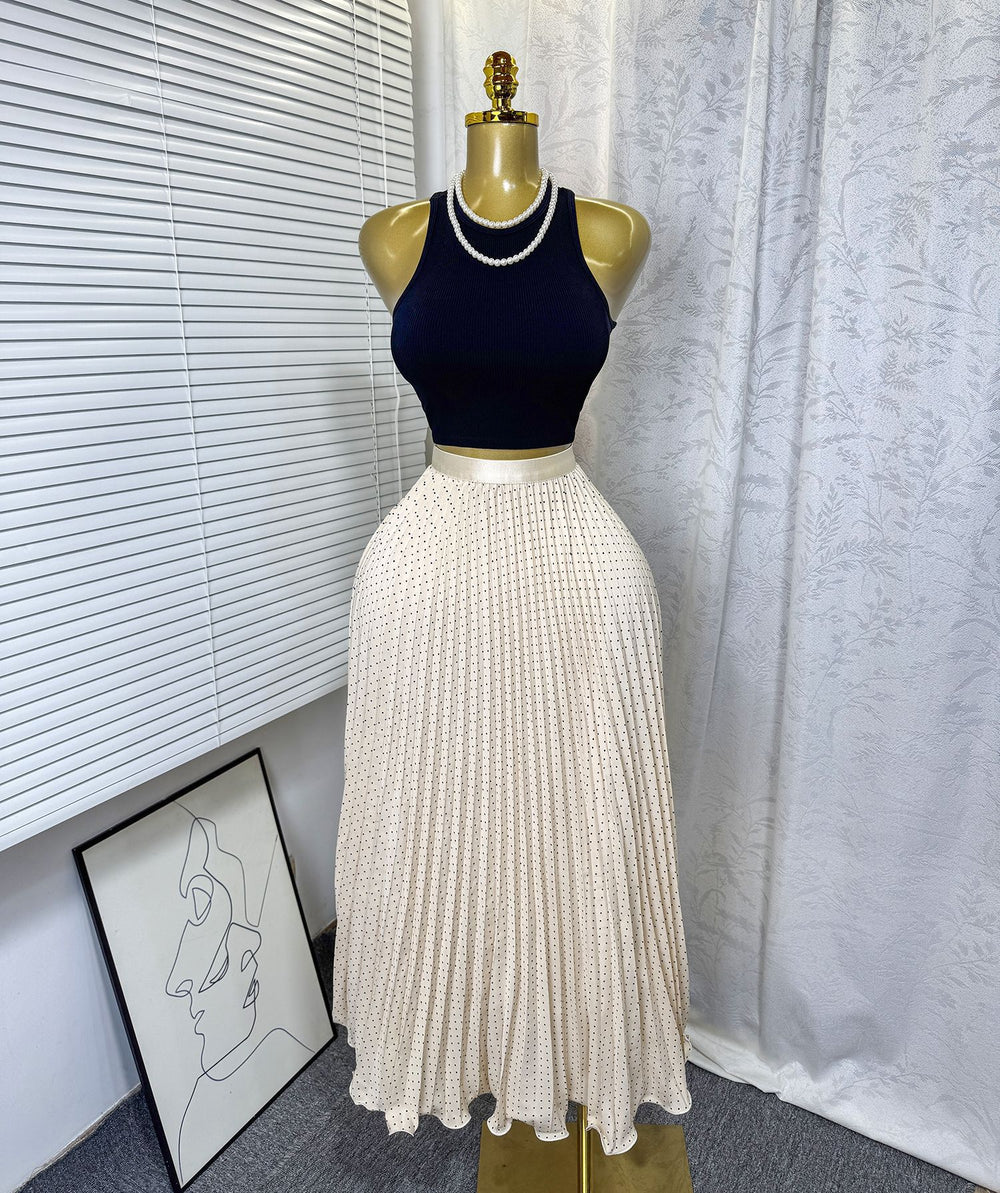 Classic fashion pleated polka dot midi skirt - french sweet style, versatile high-waisted a-line skirt
