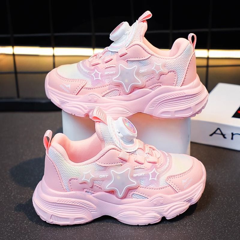 Girls' shoes:  autumn new collection - girls' chunky sneakers, kids' mesh breathable mid-to-large size children's rotating buckle athletic shoes