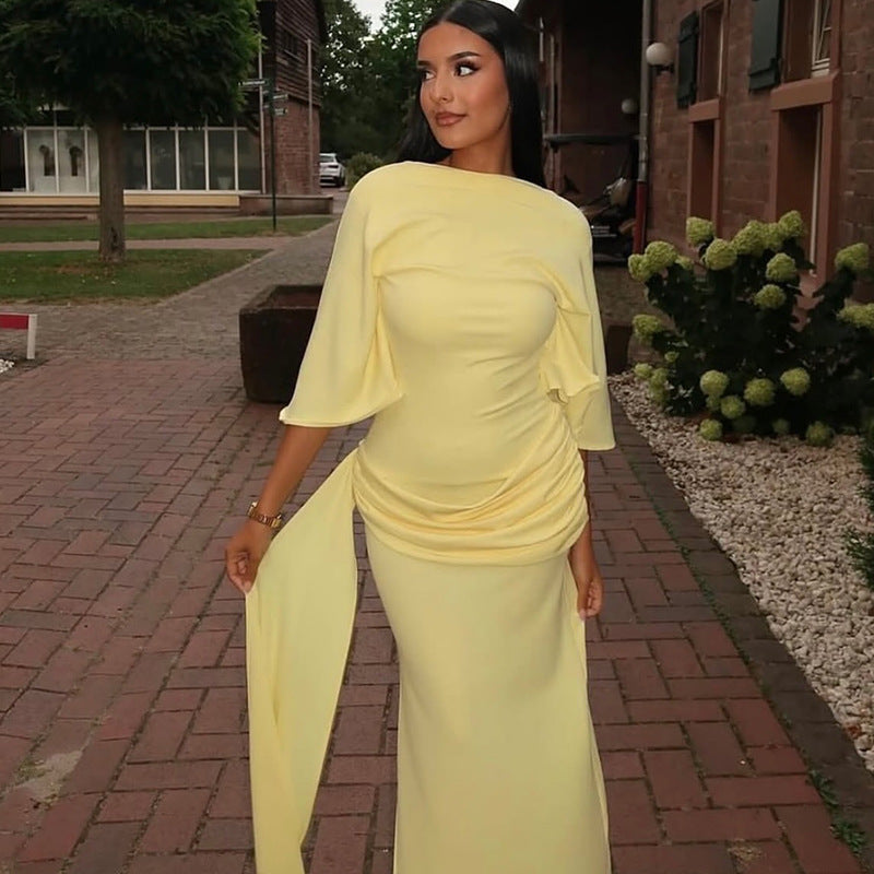 Fashion styleexport women's backless sexy pleated loose hip skirt one-line collar strap slit long dress trendy