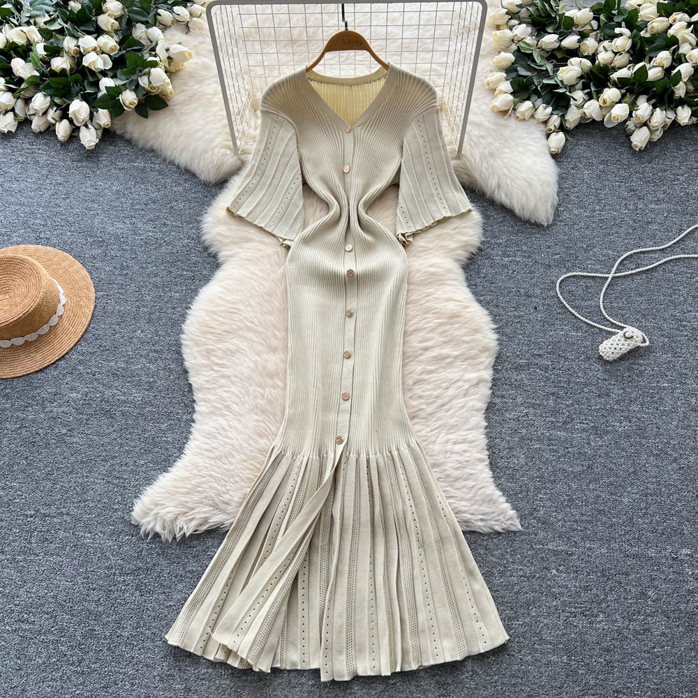 Elegant and chic v-neck metallic buckle slimming dress - women's summer french style cinched waist mermaid knit maxi dress