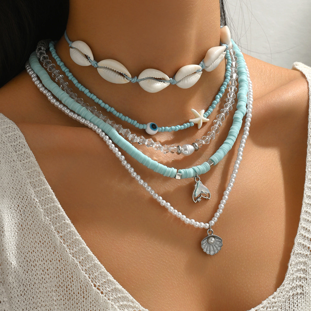 Wholesale blue beaded necklaces - european and american cross-border jewelry, summer fashion ins style, high-end seashell design necklaces