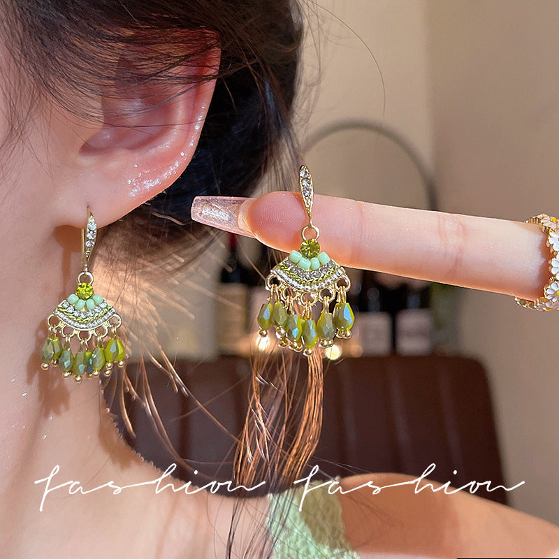 Bohemian green crystal tassel ear cuff earrings - unique designer studs for a beachy getaway