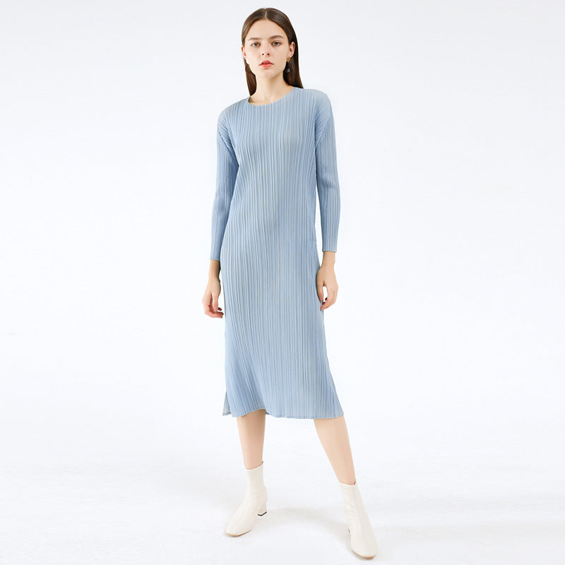 Amazon women's  european and american classic pleated long sleeve solid color midi slim fit slit dress