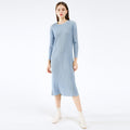 Amazon women's  european and american classic pleated long sleeve solid color midi slim fit slit dress