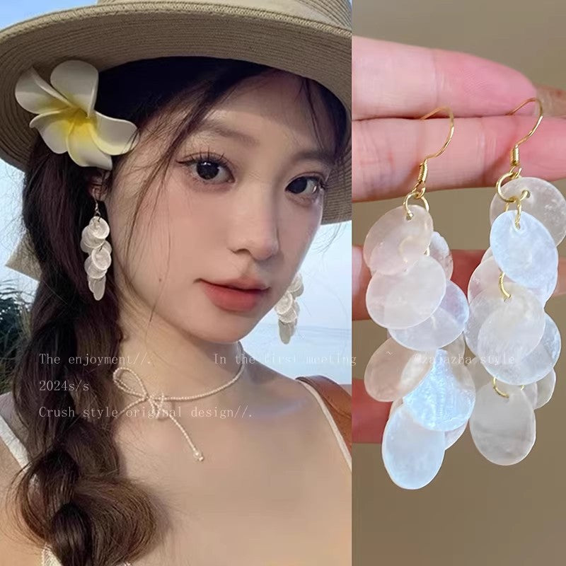 Spring island resort style long tassel shell earrings - unique, beautiful bohemian beach earrings for women