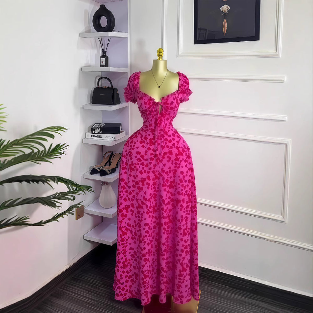 European and american cross-border women's fashion  summer new arrival: printed short-sleeve butterfly tie sexy bodycon maxi dress