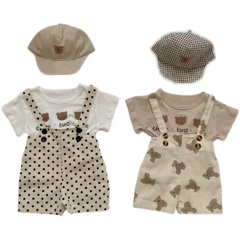 Summer lightweight baby boy stylish overalls shorts two-piece outfit - trendy fashion set for infants and toddlers, perfect for home and outdoor wear