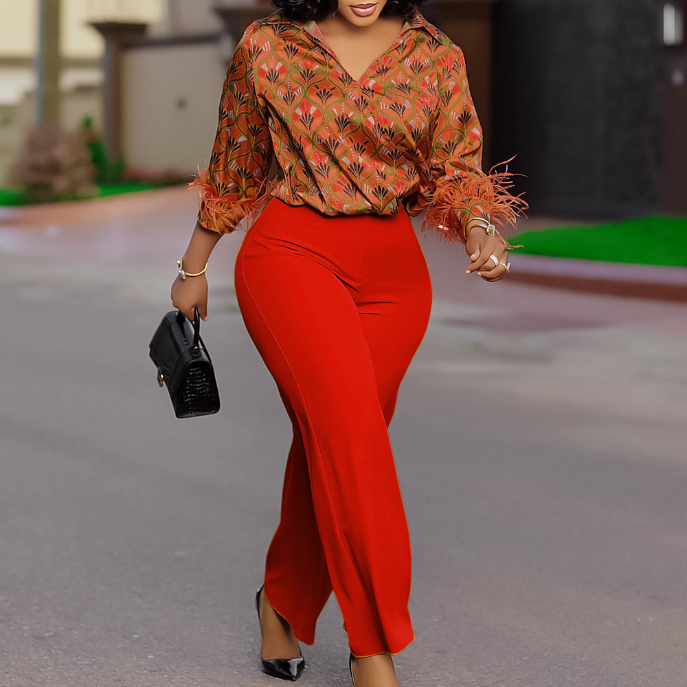 D541 european and american clothing independent station  printing long sleevesshirteleganteleganceloose pantsfashion african suit