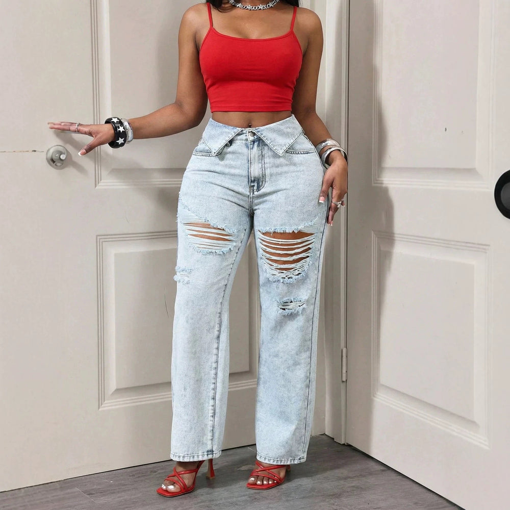 Fashionjeans women's light white washed foldable waistband big hole raw edge beggar style high waiststraight-leg wide leg denim
