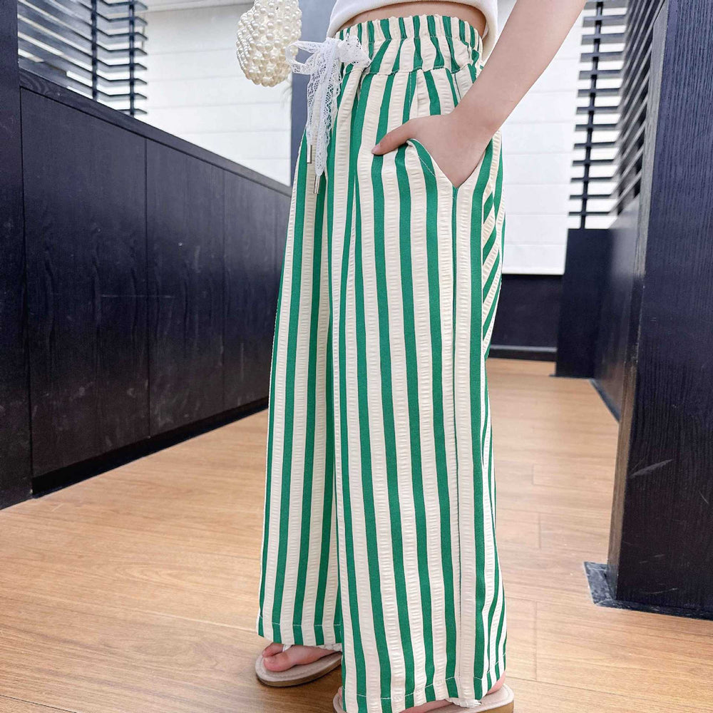 Girls' pants  new korean style kids striped lace waistband loose wide leg pants girls summer straight leg trousers