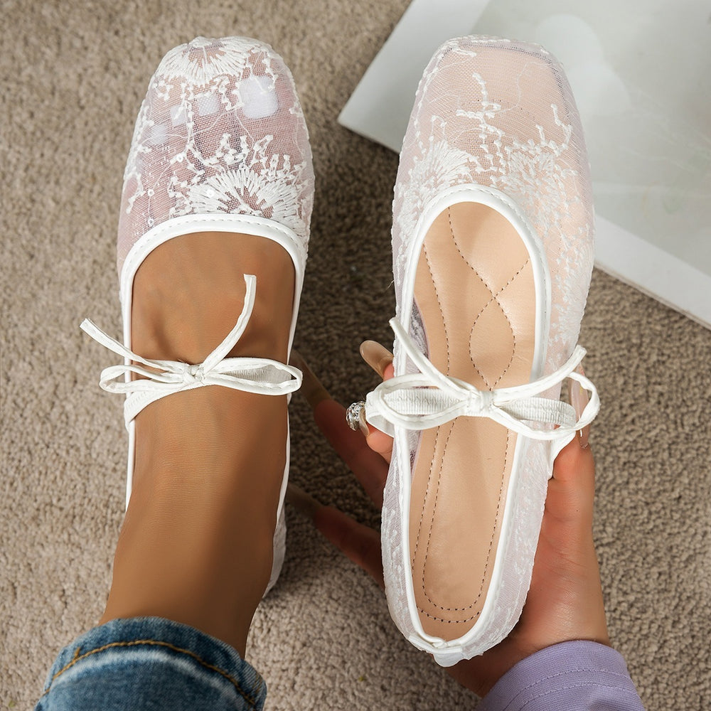 Lace fairy flat shoes : square toe, lace-up design, mesh material – ultra-gentle, overflowing with summer vibes