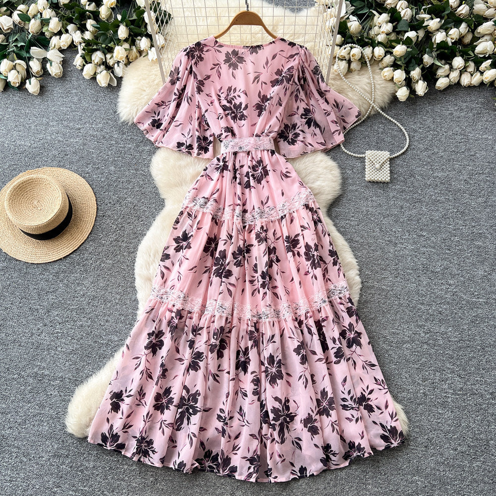 elegance floral v necklacepatchworkdress women's summer short sleeve waist slimming lookruffleselegant long skirt