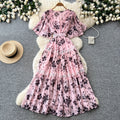 elegance floral v necklacepatchworkdress women's summer short sleeve waist slimming lookruffleselegant long skirt