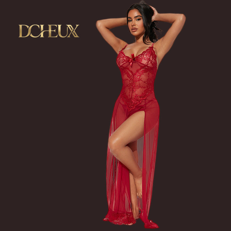 Dcheux european and american cross-border hot-selling wholesale sexy nightgown lace hollow see-through large size long skirt