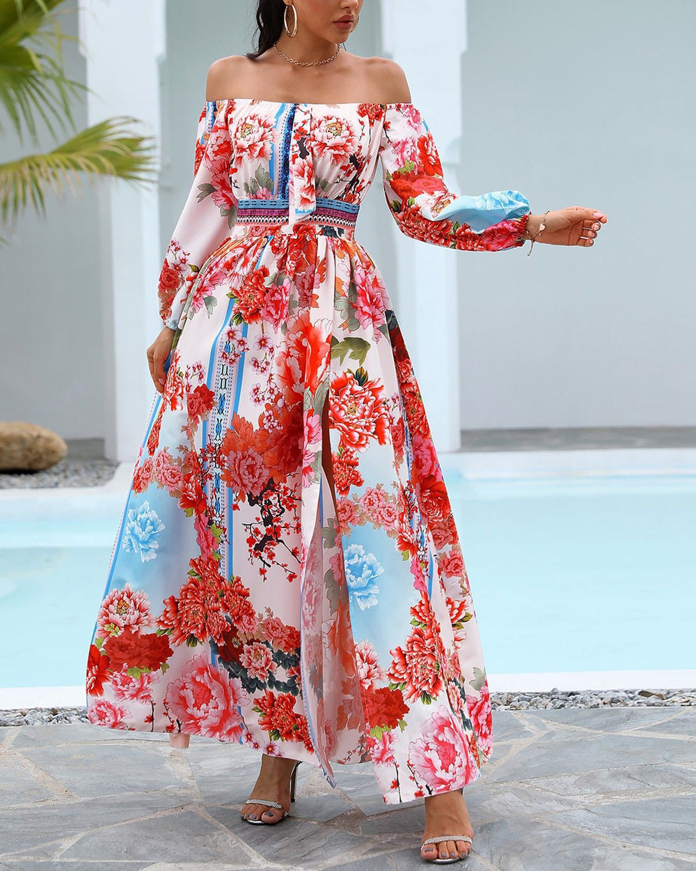 2025 spring/summer new collection: european & american style printed evening gown - v-neck, pullover, vintage long sleeve, high slit maxi dress