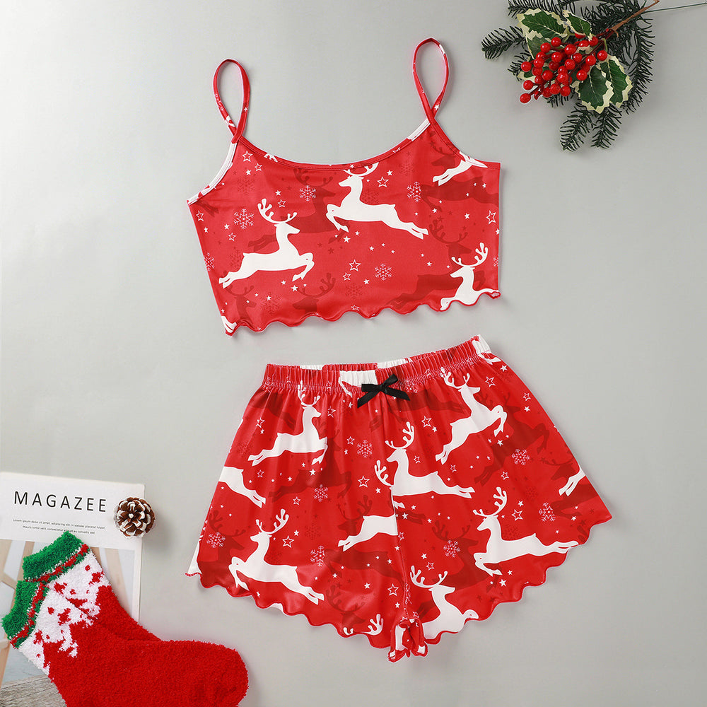hot-selling christmas european and american style thin pajamas simple printed suspender milk silk shorts sexy two-piece set