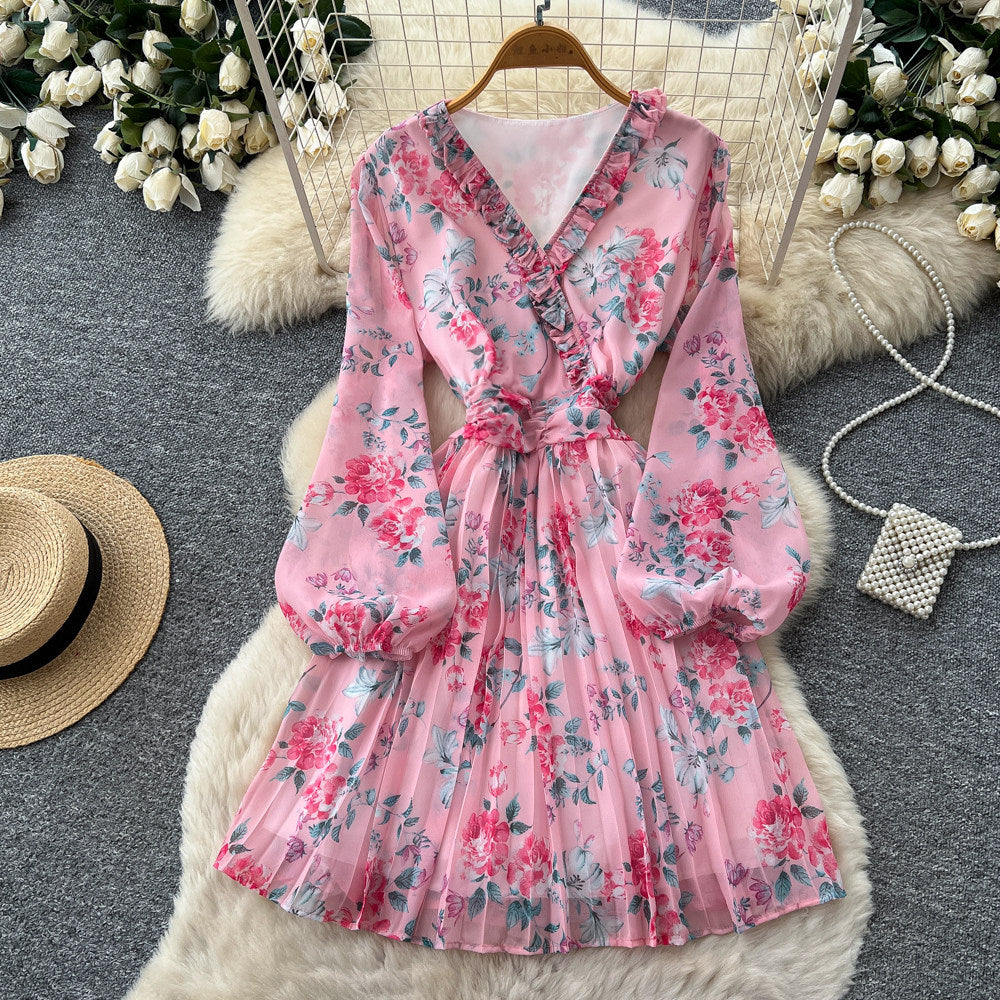 French floral print dress for women, spring  collection: long sleeve, v-neck, tie-waist, a-line silhouette – slimming, elegant, and chic