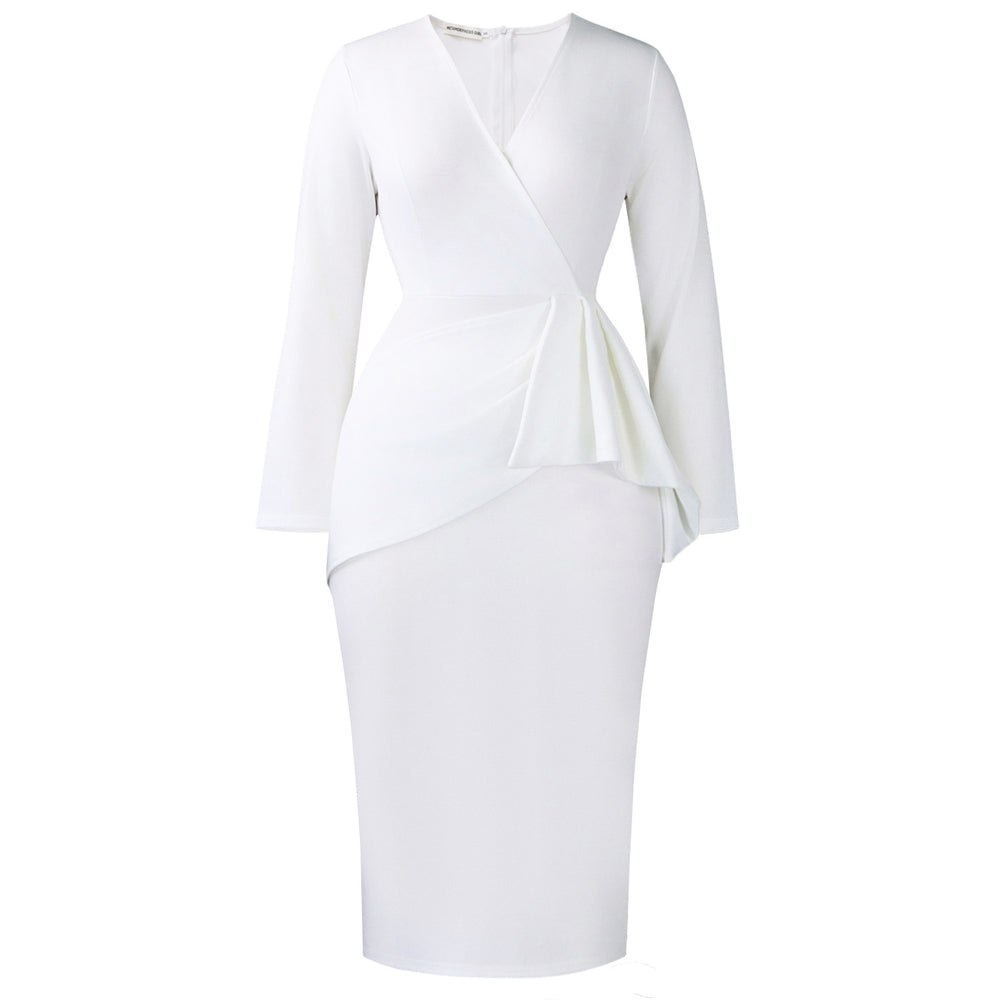 D606 european and american women's clothing  fall/winter fashion v-neck long sleeve solid color pleated bodycon office lady african dress