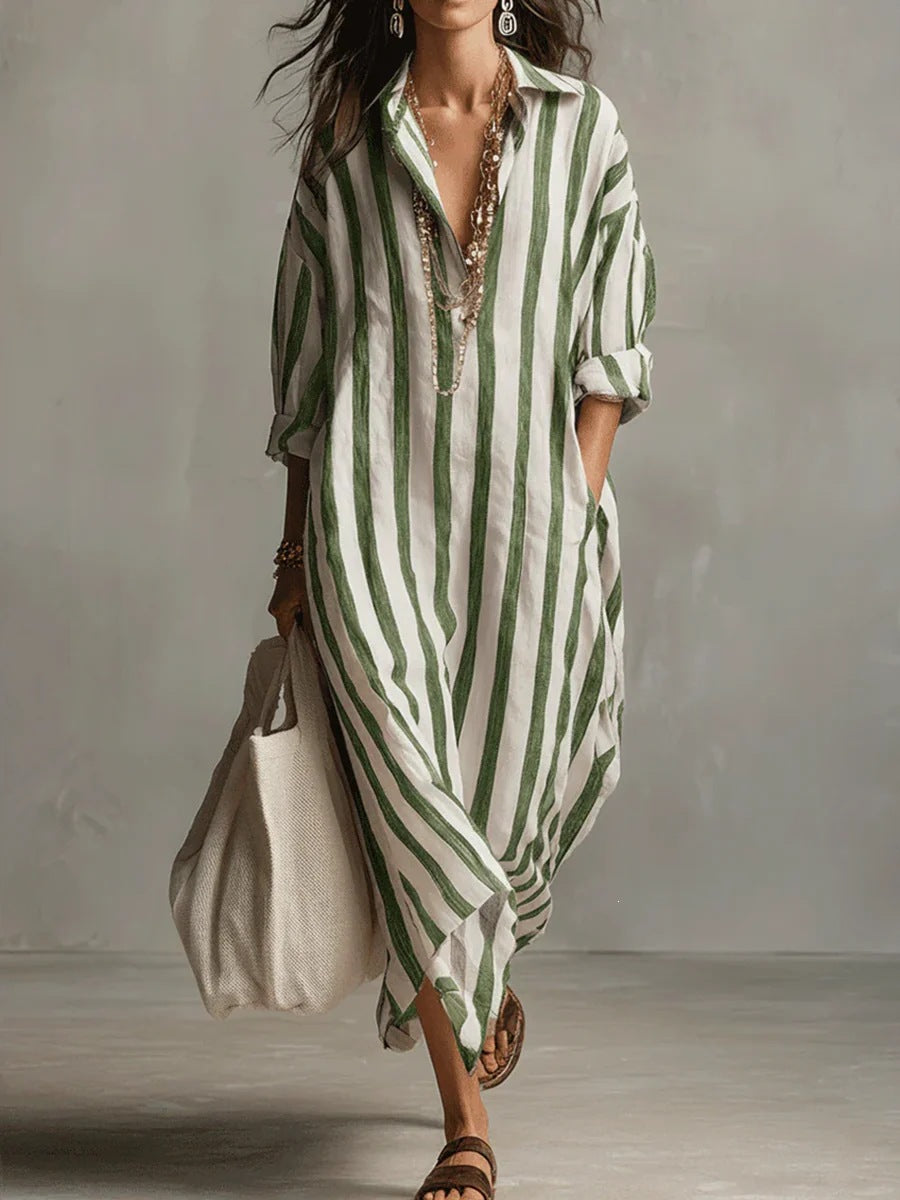 european and american independent station cross-border fashionloosev necklongstripessummer nine-quarter sleeve women's shirtdress